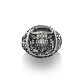 Zodiac Taurus Floral Signet Ring For Men in Sterling Silver, Pinky Bull Signet Ring For Men, Pinky Animal Ring, Horoscope Silver Men Jewelry