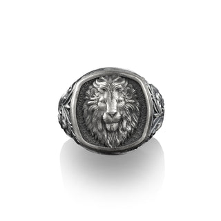 African Wild Lion Square Signet Ring, Sterling Silver Mens Rings, Leo Zodiac Gifts for Women, Horoscope Jewelry, Astrology Signet Rings