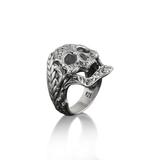 Skull Ring with Victorian Motifs, Engraved Fleur De Lis Mens Gothic Ring in Oxidized Sterling Silver, One Of A Kind Biker Ring For Husband