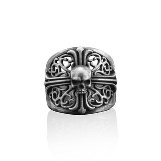 Skull on Cross Biker Signet Ring for Men in Silver, Skull Gothic Jewelry, Unique Biker Ring, Minimalist Ring, Ring For Men, Memorial Gift