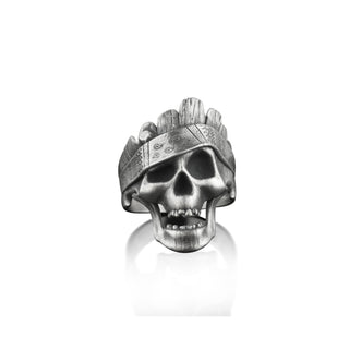 Tree bark skull ring with head band for men in silver, Unique biker men ring in sterling silver, Hippie silver men ring, Unusual gothic ring