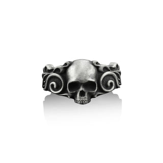 Skull with Leaves Motif Handmade Sterling Silver Men Biker Ring, Skull & Leaves Motif Gothic Ring, Skull with Leaves Motif Silver Jewelry