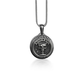 Aquarius Memento Mori Coin Necklace in Silver, Skull Zodiac Necklace For Best Friend, Goth Astrology Necklace, Punk Horoscope Necklace