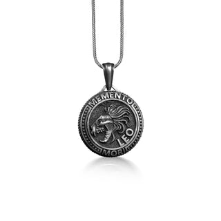 Leo Memento Mori Coin Necklace in Sterling Silver, Zodiac Coin Necklace in Gothic, Lion Skull Necklace For Husband, Horoscope Necklace