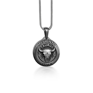 Taurus Memento Mori Coin Necklace in Silver, Zodiac Sign Coin Necklace in Punk, Gothic Astrology Necklace For Husband, Bull Skull Necklace
