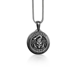 Scorpio Memento Mori Coin Necklace in Silver, Zodiac Necklace in Goth, Horoscope Necklace For Dad, Skull Scorpion Necklace For Birthday Gift