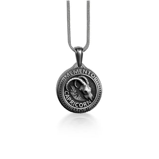 Capricorn Memento Mori Coin Necklace For Dad, Zodiac Sign Necklace in Silver, Goth Astrology Necklace For Husband, Sea Goat Skull Necklace