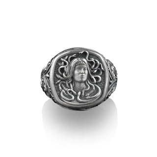 Gorgon Medusa Head Signet Ring For Men in Sterling Silver, Ancient Greek Mythology Silver Jewelry, Small Gifts for Her, Gift Jewelry For Men