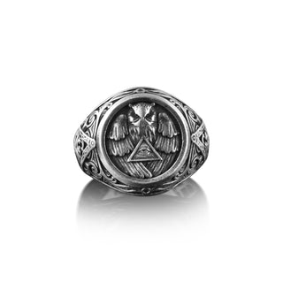 Eye Of Providence Owl Mens Silver Ring, Freemason Engraved Signet Ring For Men, Oxidized Masonic Ring For Husband, Mason Ring For Dad