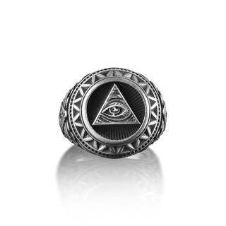 Eye of God Pyramid Signet Ring for Men in Sterling Sİlver, Elegant Pattern Triangle Eye Men's Ring, All Seeing Eye Ring,Punk Ring Men Gift