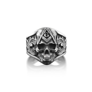 Masonic Skull Ring in Oxidized Silver, Freemason Gothic Ring For Husband, Engraved Biker Ring For Men, Mason Ring For Family, Cool Men Ring