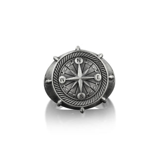Compass Ring with Intaglio Anchor, Sterling Silver Oxidized Signet Ring For Men, Cool Male Ring For Boyfriend, Everyday Ring For Husband