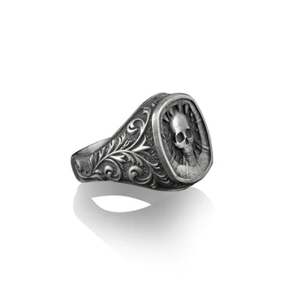 Skull Signet Ring, Sterling Silver Square Signet Ring for Men, for Women, Long Distance Relationship Gift for Boyfriend, Chunky Biker Ring