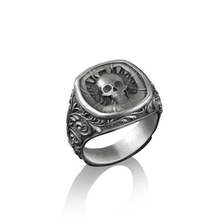 Skull Signet Ring, Sterling Silver Square Signet Ring for Men, for Women, Long Distance Relationship Gift for Boyfriend, Chunky Biker Ring