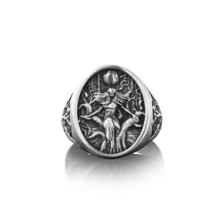 Moon Angel Ring with Intaglio Tree, Night Angel Viking Ring For Men, Oval Signet Ring in Sterling Silver, Mystic Ring For Best Friend