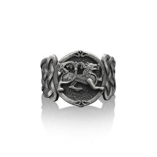 Celtic Dog with Knot Ring for Men in Sterling Silver, Celtic Knot Ring, Sterling Silver Norse Mythology Jewelry, Antique Silver Gift Ring