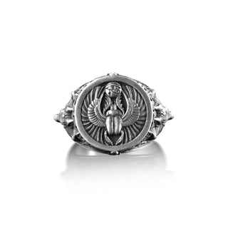 Horus Anubis Men Ring with Scarab in Sterling Silver, Engraved Men Ring, Egyptian Jewelry, Ancient Signet Ring, Mythology Beetle Ring