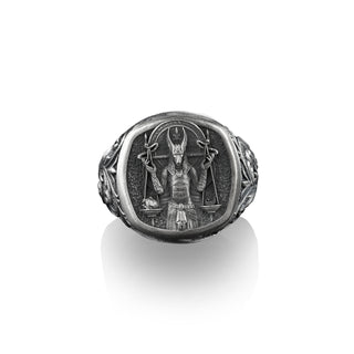 Scales Of Anubis Square Signet Mens Ring, Ancient Egyptian God Jewelry, Mythology Lover Gifts, Sterling Silver Pinky Rings for Women