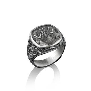 Horus and Anubis Square Cushion Signet Ring, Sterling Silver Mens Rings, Ancient Egyptian Mythology Jewelry, Pinky Signet Rings for Women