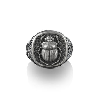 Egyptian Beetle Scarab Ring, Sterling Silver Square Signet Ring, Ancient Egyptian Amulet, Mythology Jewelry, Rings for Men and Women