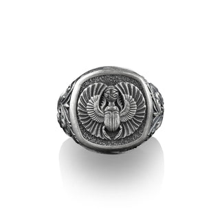 Ancient Egyptian Beetle Scarab, Sterling Silver Square Signet Ring, Myhtology Lover Gift, EngravedRings, Pinky Rings for Women, Ring For Men