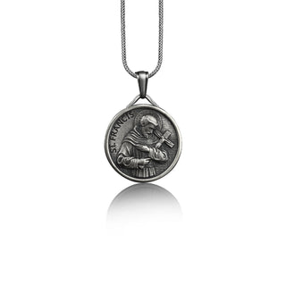 St francis of assisi medal necklace in 925 silver, Saint francis pendant with custom name, Personalized necklace for dad