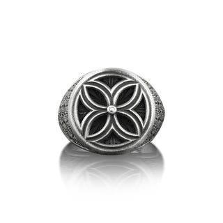 Four Leaf Floral Mens Signet Ring, Windmill Ring in Oxidized Sterling Silver, Flower Signet Ring For Men, Nature Ring, Ring For Boyfriend