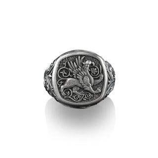 Griffin Square Signet Ring, Gryphon The Lion Bodied Eagle Headed Mythical Creature, Sterling Silver Mens Rings, Pinky Signet Rings for Women