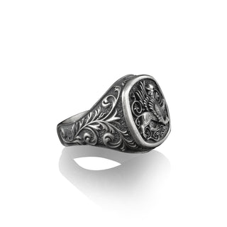 Griffin Square Signet Ring, Gryphon The Lion Bodied Eagle Headed Mythical Creature, Sterling Silver Mens Rings, Pinky Signet Rings for Women