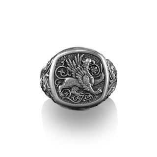 Griffin Square Signet Ring, Gryphon The Lion Bodied Eagle Headed Mythical Creature, Sterling Silver Mens Rings, Pinky Signet Rings for Women