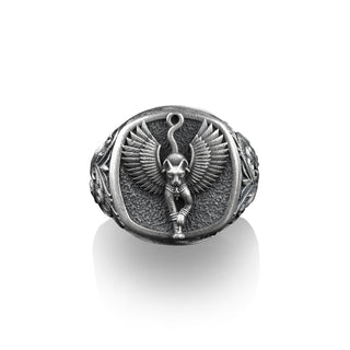 Winged Bastet The Egyptian Goddess Ring, Egyptian Mythology, Sterling Silver Square Signet Ring, Mens Gold Signet, Pinky Rings for Women