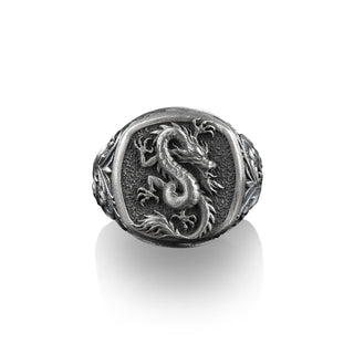 Azure Wyvern Square Signet Ring, Chinese Dragon Mythology, Sterling Silver Mens Rings, Pinky Signet Rings for Women, Small Anniversary Gift