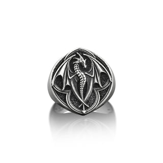Dragon Skull Gothic Mens Signet Ring, Male Goth Ring in Oxidized Sterling Silver, Mythology Jewelry, Punk Ring For Boyfriend, Biker Ring