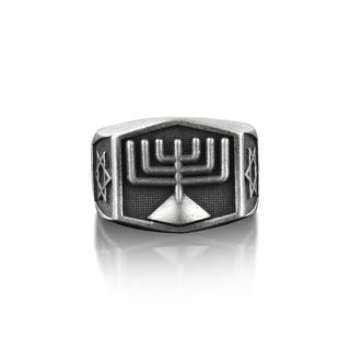 Menorah Jewish Pinky Signet Ring Men, Star Of David Ring in Oxidized Sterling Silver, Judaica Jewelry For Husband, Spiritual Ring For Men