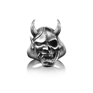 Devil Turning to The Skull Male Ring, Demon Mens Ring in Oxidized Silver, Extraordinary Gothic Ring For Men, Oni Mask Ring For Husband