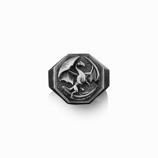 Oxidized 925 Silver Dragon Signet Mens Ring, Men Wedding Dragon Ring, Winged Dragon Boho Men's Ring, Sterling Silver Handmade Man Gift Rings