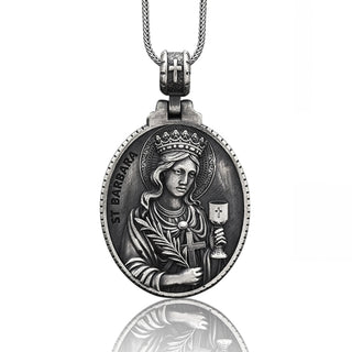 Sterling Silver Saint Barbara Men's Necklace, Silver Saint Barbara Medallion, Silver Christian Man Pendant, Religious Silver Gift Accessory
