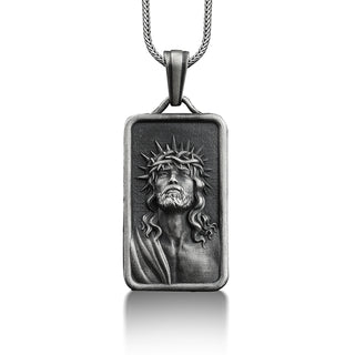 Jesus with crown of thorns pendant necklace in silver, Personalized religious neckalce for catholic, Christian necklace