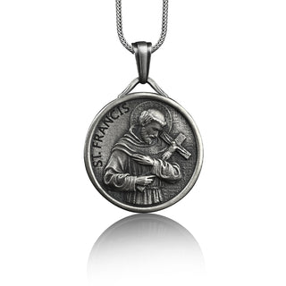 St francis of assisi medal necklace in 925 silver, Saint francis pendant with custom name, Personalized necklace for dad