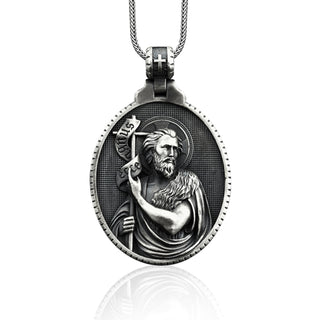 Saint John the Baptist Necklace, Saint John Men's Pendant, Religious Man Necklace, Silver Religious Men Jewelry, Christian Silver Medallion