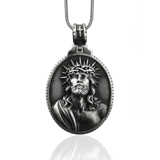 Solid Silver Jesus Head Necklace, Mens Silver Jesus Pendant, Mens Religious Medallion, Christian Silver Necklace, Religious Gift Men Jewelry