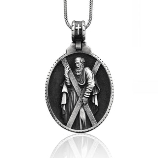 Sterling Silver Saint Andrew Necklace, Saint Andrew Men's Pendant, Christian Saint Andrew Medallion, Silver Religious Christian Gift Jewelry