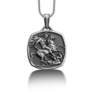 Saint george of lydda silver necklace for men, St george pendant with custom name, Christian necklace for husband