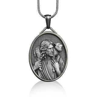 Good shepherd jesus with lamb necklace in silver, Personalized necklace for catholic, Religious necklace for christian