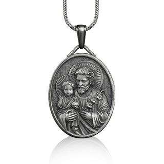 St joseph with baby jesus pendant necklace in silver, Personalized religious necklace for catholic, Christian necklace