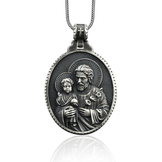 Saint Joseph Mens Necklace, Saint Joseph Silver Pendant, Silver Christian Medallion, Christian Jewelry, Saint Joseph and Baby Jesus Necklace