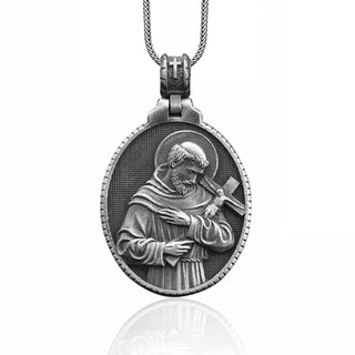 Saint Francis of Assisi Handmade Sterling Silver Men Charm Necklace, St Francis Silver Men Jewelry, Saint Francis Pendant, Christian Gift