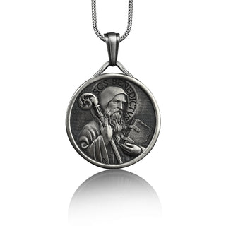 Saint benedict mens medallion necklace in silver, St benedict pendant with custom name, Personalized christian necklace