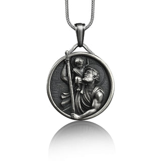 Handmade Sterling Silver Saint Christopher Men Charm Necklace, St Christoper Men Jewelry, St Christopher Pendant, Christian Medallion Gift