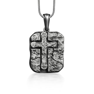 Cross Engraved Textured Necklace in Sterling Silver, Christian Cross Necklace For Family, Faith Necklace For Husband, Religious Necklace